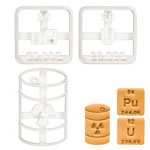 Satz von 3 Radioaktiv Ausstechformen (Formen: Atommüllbehälter, Plutonium und Uranium Periodensystem Element), 3 Teil von bakerlogy