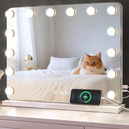 baklon Schminkspiegel mit Beleuchtung,Hollywood Spiegel mit 14 LED Licht Dimmbar Kosmetikspiegel 3 Modi,58 x 43 cm Vanity Spiegel Tischspiegel mit USB 10X Vergrößerung für Schlafzimmer Schminktisch von baklon