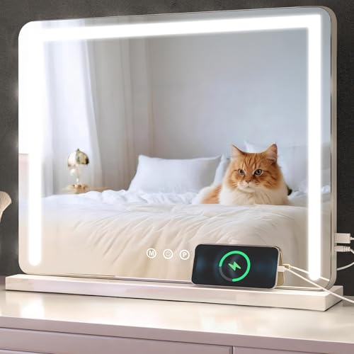 baklon Schminkspiegel mit Beleuchtung,Hollywood Spiegel mit LED Licht Dimmbar Kosmetikspiegel 3 Modi,50 x 40 cm Vanity Spiegel Tischspiegel mit USB 10X Vergrößerung für Schlafzimmer Schminktisch von baklon