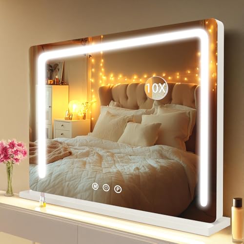 baklon Schminkspiegel mit Beleuchtung,Hollywood Spiegel mit LED Licht Dimmbar Kosmetikspiegel 3 Modi,80 x 60 cm Vanity Spiegel Tischspiegel mit USB 10X Vergrößerung für Schlafzimmer Schminktisch von baklon