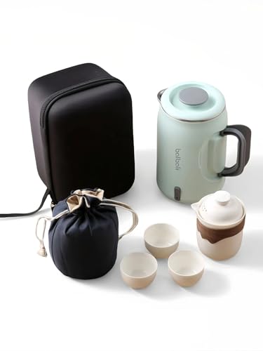 Komplettes Reise-Teeset mit Mini-Wasserkocher 0,6 l, Hartschalenkoffer für tragbare Reise-Warmwasserkocher, Teekanne mit Sieb, Tassen und Schutztasche für Zuhause, Büro und Camping, Grün von balbali