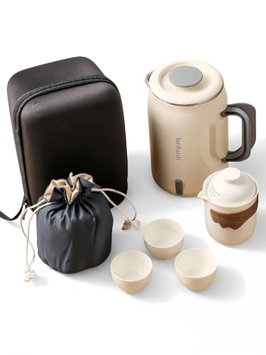 Komplettes Reise-Teeset mit Mini-Wasserkocher 0,6 l, Hartschalenkoffer für tragbare Reise-Warmwasserkocher, Teekanne mit Sieb, Tassen und Schutztasche für Zuhause, Büro und Camping, Weiß von balbali