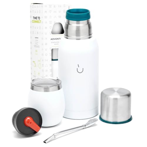 Argentinisches Yerba Mate Set mit 6 Teilen - Enthält Matebecher aus Stahl mit Deckel, Bombilla (Trinkrohr) und Thermoskanne mit 2 Mate-Ausgießstopfen (Pico Cebador) (Weiß) von balibetov