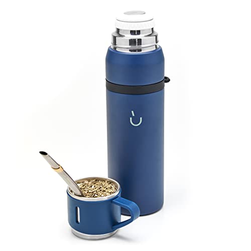 BALIBETOV Camping Thermoskanne Mate Tee Set - enthält Vakuumisoliert Mit Doppelter18/8 Edelstahl Mate Tee Becher und Thermoskanne, Bombilla(Mate Strohhalm) und Eine Reinigungsbürste (Blau) von balibetov