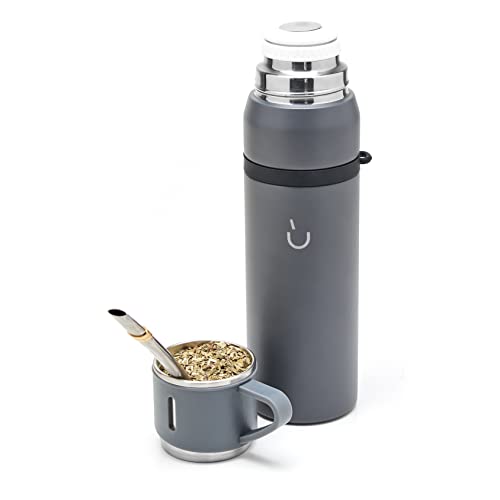 BALIBETOV Camping Thermoskanne Mate Tee Set - enthält Vakuumisoliert Mit Doppelter18/8 Edelstahl Mate Tee Becher und Thermoskanne, Bombilla(Mate Strohhalm) und Eine Reinigungsbürste (Grau) von balibetov