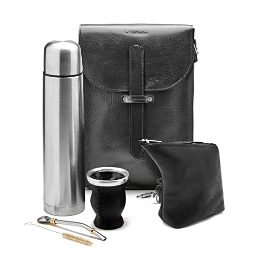 BALIBETOV Komplettes Yerba Mate Set – Handgemachte Matera Tasche, Mate Kürbis, Thermoskanne, Yerba Behälter, Bombilla und Reinigungsbürste (Leder und Glas Mate Set, Schwarzes Matera & Yerbero) von balibetov