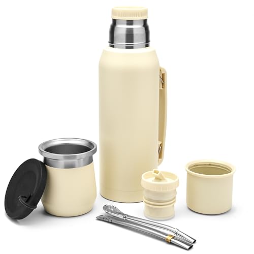 BALIBETOV Komplettes Yerba-Mate-Set – Modernes Mate-Gefäß (270 ml), Thermosflasche mit 2 Ausgießern (1 Liter), 2 Bombillas – Premium Qualitätsset (Beige) von balibetov
