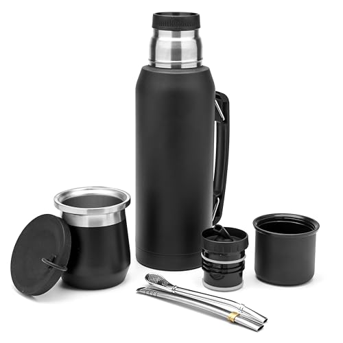 BALIBETOV Komplettes Yerba-Mate-Set – Modernes Mate-Gefäß (270 ml), Thermosflasche mit 2 Ausgießern (1 Liter), 2 Bombillas – Premium Qualitätsset (Schwarz) von balibetov