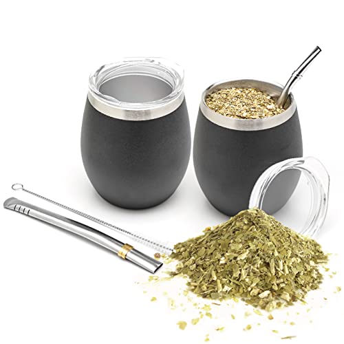 balibetov Mate Becher Set (2 Yerba Mate teebecher set, 5 pcs) - enthält Zwei Doppelwandiger 18/8 Edelstahl Mate Tee Becher, Zwei Bombillas(Mate Strohhalm) und Eine Reinigungsbürste (Schwarz) von balibetov