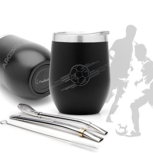 balibetov Modernes Yerba Mate Gourd Set (Mate Tasse) - Fussball WM 2022 Sonderausgabe - Doppelwandiger 18/8 Edelstahl Enthält Zwei Bombillas und eine Reinigungsbürste (235 ml, Schwarz) von balibetov