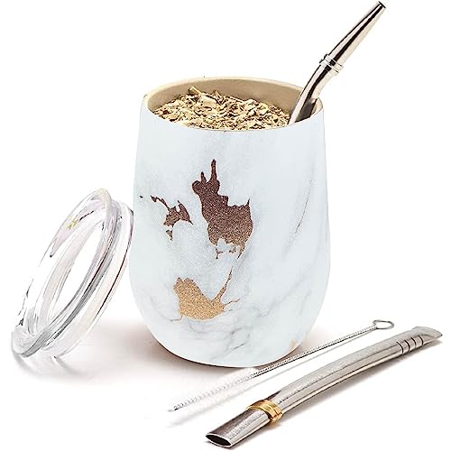 balibetov - Neu - Modernes Yerba Mate Gourd Set (Mate Tasse) - Doppelwandiger 18/8 Edelstahl Enthält zwei Bombillas und eine Reinigungsbürste (GOLD MARMOR, 355 ml) von balibetov