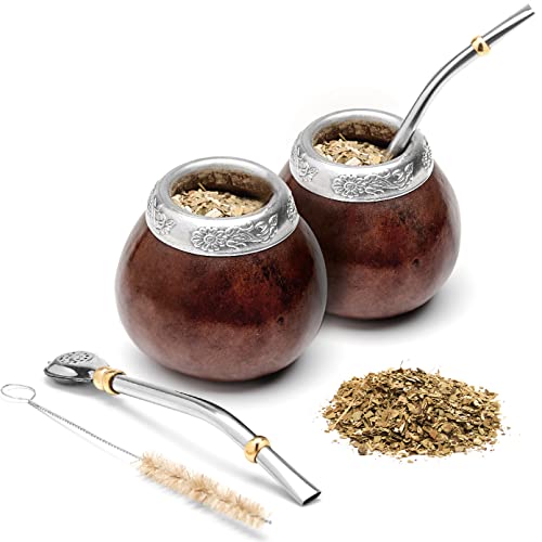 balibetov Set aus Natürlichem Kürbis Tasse für Mate Tee Handgefertigt Inkl. Strohhalm (Yerba Mate Straw) (DUNKLE BRAUNE X2) von balibetov