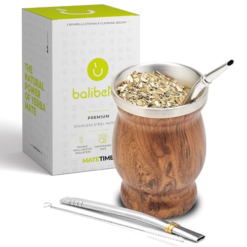 BALIBETOV Yerba Mate Tee Set (Mate Becher) aus Rostfreiem Edelstahl mit Bombilla (Strohhalm) für Mate, Yerba Mate Set Leicht zu Reinigen und Sehr Widerstandsfähig (Holz) von balibetov