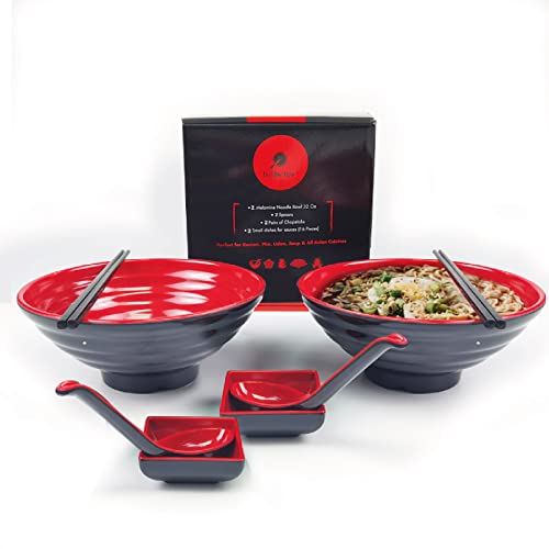 Goliber Groß Ramen Schüssel Set - Enthält 2 Melamin Ramen Bowl, Essstäbchen, Löffel and kleine Schüssel für Sauce - Japanisches Geschirr Ideal für Ramen Nudeln oder Pho Nudelsuppe - 2 Sätze,8 von Goliber