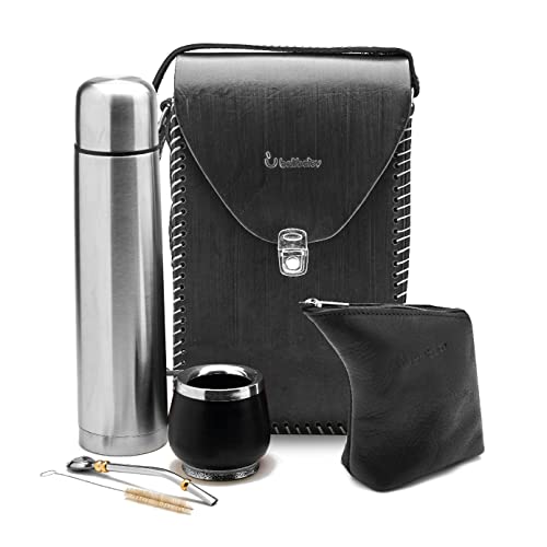 balibetov Komplettes Yerba Mate Set – Handgemachte Matera Tasche, Mate Kürbis, Thermoskanne, Yerba Behälter, Bombilla und Reinigungsbürste (Johannisbrot Holz Mate Set, Schwarzes Matera & Yerbero) von balibetov