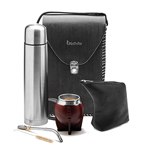 balibetov Komplettes Yerba Mate Set – Handgemachte Matera Tasche, Mate Kürbis, Thermoskanne, Yerba Behälter, Bombilla und Reinigungsbürste (Torpedo Kalabasse Mate Set, Schwarzes Matera & Yerbero) von balibetov