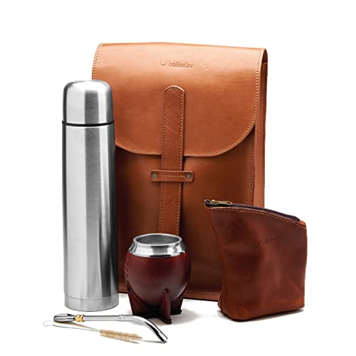 balibetov Komplettes Yerba Mate Set – Handgemachte Matera Tasche, Mate Kürbis, Thermoskanne, Yerba Behälter, Bombilla und Reinigungsbürste (Torpedo Kalebasse Mate Set, Beige Matera & Yerbero) von balibetov