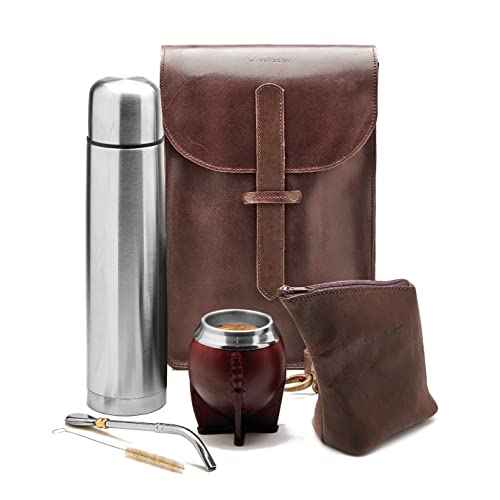 BALIBETOV Komplettes Yerba Mate Set – Handgemachte Matera Tasche, Mate Kürbis, Thermoskanne, Yerba Behälter, Bombilla und Reinigungsbürste (Torpedo Kalebasse Mate Set, Braunes Matera & Yerbero) von balibetov