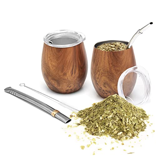 balibetov Mate Becher Set (2 Yerba Mate teebecher set, 5 pcs) - enthält Zwei Doppelwandiger 18/8 Edelstahl Mate Tee Becher, Zwei Bombillas(Mate Strohhalm) und Eine Reinigungsbürste (Holz) von balibetov