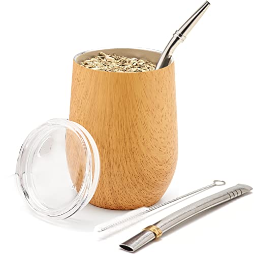 balibetov - Neu - Modernes Yerba Mate Gourd Set (Mate Tasse) - Doppelwandiger 18/8 Edelstahl Enthält zwei Bombillas und eine Reinigungsbürste (HELLES HOLZ, 355 ml) von balibetov