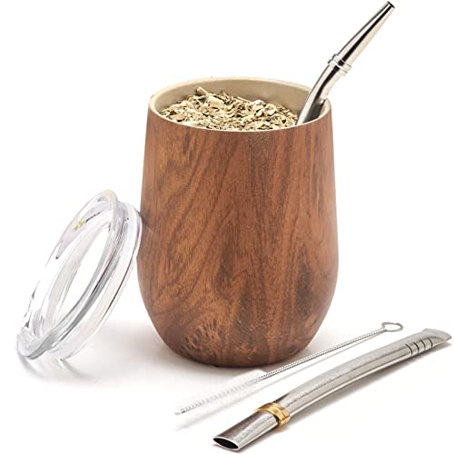 balibetov - Neu - Modernes Yerba Mate Gourd Set (Mate Tasse) - Doppelwandiger 18/8 Edelstahl Enthält Zwei Bombillas und eine Reinigungsbürste (Holz, 235 ml) von balibetov