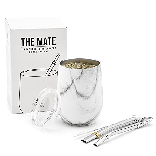 balibetov - Neu - Modernes Yerba Mate Gourd Set (Mate Tasse) - Doppelwandiger 18/8 Edelstahl Enthält zwei Bombillas und eine Reinigungsbürste (MARMOR, 355 ml) von balibetov