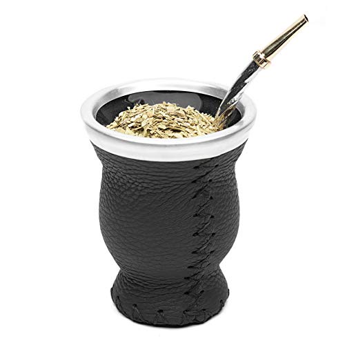 balibetov Yerba-Mate-Becher aus Glas – Leder Ummantelt mit Bombilla (Trinkhalm) – Schwarz (SCHWARZ) von balibetov