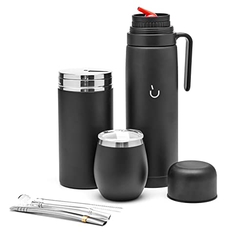 balibetov Komplettes Yerba Mate Set – Moderner Mate Gourd, Thermos, Yerba Behälter, Zwei Bombillas und Reinigungsbürste im Lieferumfang enthalten – Alle Premium Qualität 304 18/8 Edelstahl (Shwarz) von balibetov