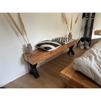 Upcycling Bank Lowboard Tv Reck Sideboard Konsole Flur Balken Bauholz Altholz Rustikal Landhaus Industrial Massivholz X-Beine von balkenwerk