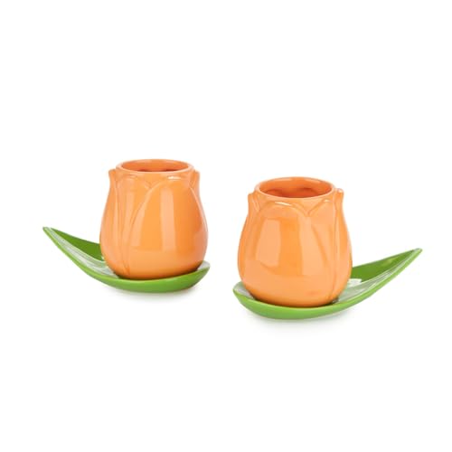 balvi Kaffeetassen-Set Tulip Farben Orange/Grün 2 tulpenförmige Kaffeetassen und 2 Teller in Blattfor von balvi