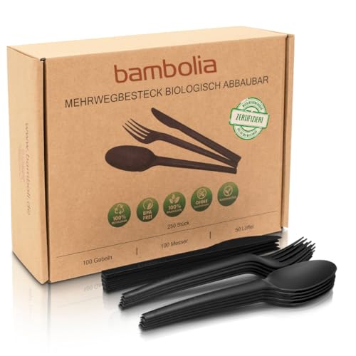 bambolia® Mehrwegbesteck | PREMIUM Campingbesteck | Robust Reisebesteck Outdoor Besteck | Partybesteck wiederverwendbar, geschmacksneutral, biologisch abbaubar | 250 Stück (Schwarz) von bambolia