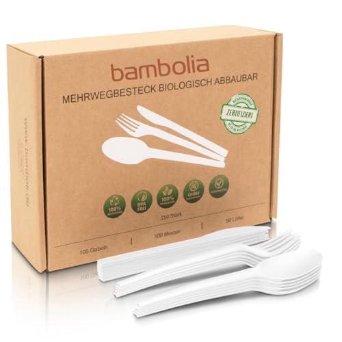 bambolia® Mehrwegbesteck | PREMIUM Campingbesteck | Robust Reisebesteck Outdoor Besteck | Partybesteck wiederverwendbar, geschmacksneutral, biologisch abbaubar | 250 Stück (Weiß) von bambolia