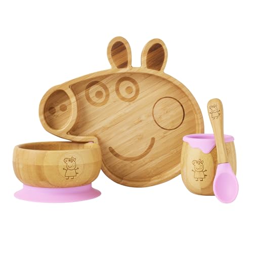 bamboo bamboo X Peppa Pig Baby und Kleinkind Fütterungs- und Entwöhnungs-Set, Schüssel, Teller und Tasse Bündel | Hervorragende Saugkraft | Für Babys ab 6 Monaten (Peppa Pig) von bamboo bamboo