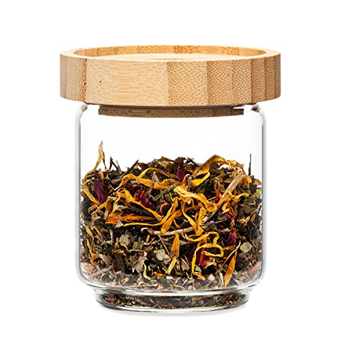 bambuswald© Einzelnes stapelbares Vorratsglas mit 200ml | Aufbewahrungsglas mit luftdichten Deckel aus 100% ökologischen Bambus - Glasbehälter ideal für Tee Kräuter Kaffee Vorräte Müsli Pasta von bambuswald