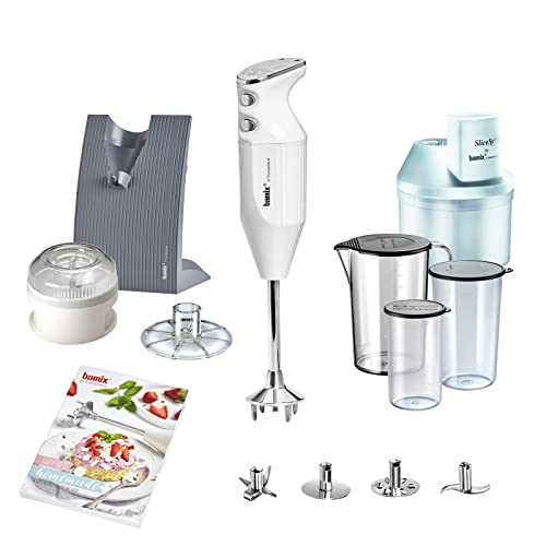 bamix Stabmixer Set M200 Baking inkl. 5 Aufsätzen, SliceSy, Halterung, Processor, Powderdisk, Becher-Set, Rezeptheft, 200 Watt, 2-Stufen, Edelstahl, Made in Switzerland - Weiß von bamix