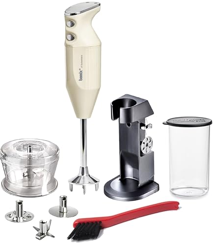 bamix Stabmixer Set M200 Chef's favorite inkl. Ständer, 1 Becher, 3 Aufsteckteile, Hacker, Reinigungsbürste, 200 Watt, Made in Switzerland (Elfenbein/Chrom) von bamix