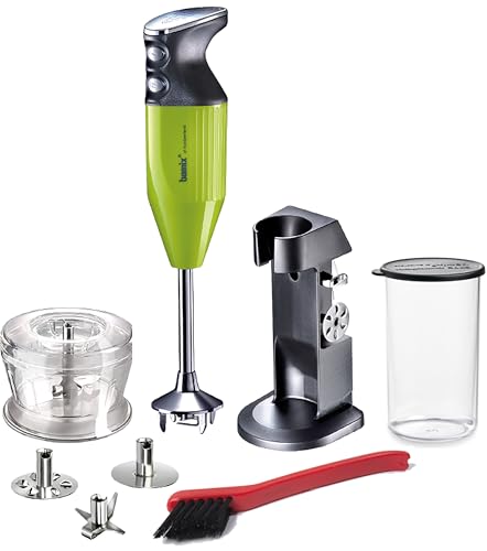 bamix Stabmixer Set M200 Chef's favorite inkl. Ständer, 1 Becher, 3 Aufsteckteile, Hacker, Reinigungsbürste, 200 Watt, Made in Switzerland (Lime/Chrom) von bamix