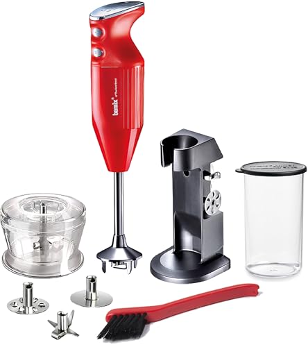 bamix Stabmixer Set M200 Chef's favorite inkl. Ständer, 1 Becher, 3 Aufsteckteile, Hacker, Reinigungsbürste, 200 Watt, Made in Switzerland (Rot/Chrom) von bamix