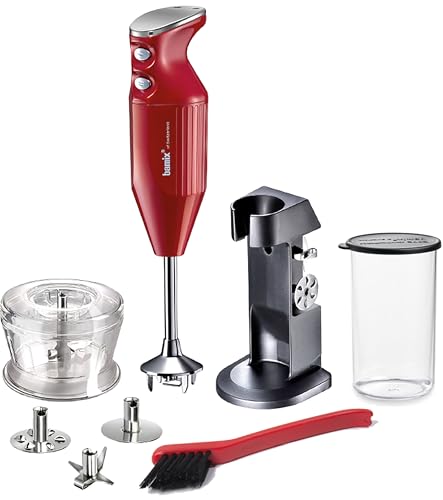 bamix Stabmixer Set M200 Chef's favorite inkl. Ständer, 1 Becher, 3 Aufsteckteile, Hacker, Reinigungsbürste, 200 Watt, Made in Switzerland (Rot Metallic/Chrom) von bamix