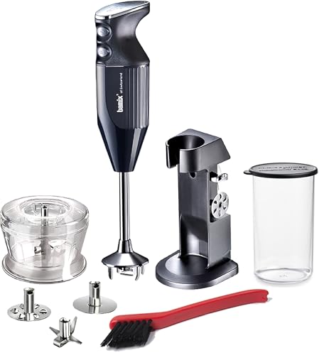 bamix Stabmixer Set M200 Chef's favorite inkl. Ständer, 1 Becher, 3 Aufsteckteile, Hacker, Reinigungsbürste, 200 Watt, Made in Switzerland, Schwarz/Chrom von bamix