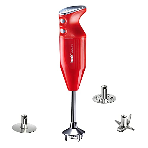 bamix Stabmixer Set M250 PRIME inkl. Multifunktionsmesser, Quirl, Schlagscheibe aus Edelstahl, 250 Watt, 2-Stufen, Made in Switzerland, Rot/Chrom von bamix