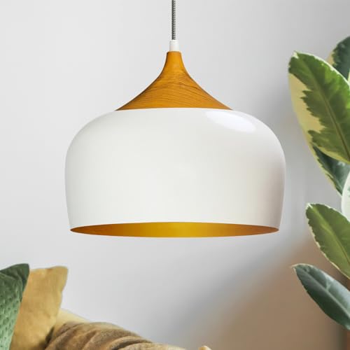 bamyum Kreis Pendelleuchte Esstisch Holzgemustert Weiß Gold Ø30 cm, Hängelampe Esstisch Holzgemustert, Skandinavisch Pendelleuchte Vintage, Küchenlampe Hangend Vintage, Hängelampe Weiß Gold von bamyum