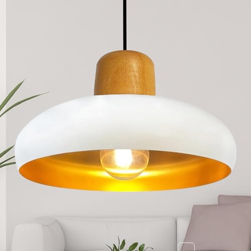 bamyum Androa Hängelampe Esstisch Weiß Gold Metall Ø40cm 1 flamming, Deckenlampe Weiß Pendelleuchte Esstisch Holz Vintage Deckenleuchte Küchenlampe Hängend Vintage Lampenschirm Hängelampe Wohnzimmer von bamyum