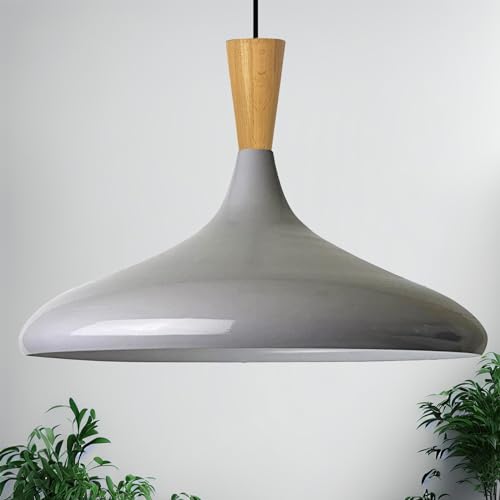 bamyum Champion Pendelleuchte aus Holz, 35 cm Hängelampe Metall E27 Moderne Esstisch Lampe, Skandinavisch Pendellampe für Schlafzimmer Wohnzimmer Küche Esstisch, Küchenlampe Hängend Grau von bamyum