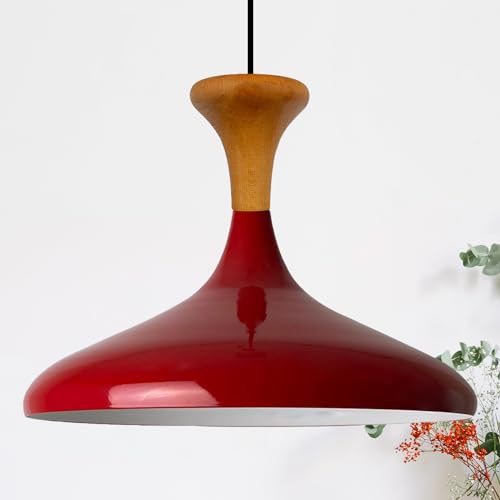 bamyum Champion Pendelleuchte aus Holz, 35 cm Hängelampe Metall E27 Moderne Esstisch Lampe, Skandinavisch Pendellampe für Schlafzimmer Wohnzimmer Küche Esstisch, Küchenlampe Hängend Rot von bamyum