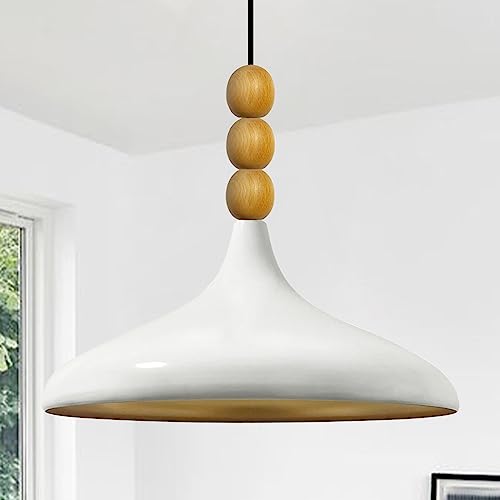 bamyum Champion Pendelleuchte aus Holz, 35 cm Hängelampe Metall E27 Moderne Esstisch Lampe, Skandinavisch Pendellampe für Schlafzimmer Wohnzimmer Küche Esstisch, Weiss Küchenlampe Hängend von bamyum