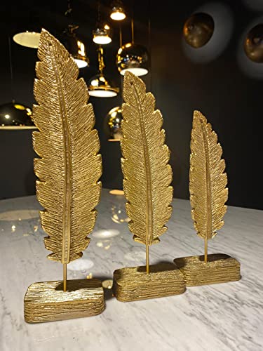 bamyum 3er-Set Feder Skulptur Modern Deko Wohnzimmer Schlafzimmer, Tischdeko, Schreibtisch Regal Deko Gold, Home Decor Gold, Bücherregal Deko, Esstisch Statue Golden Deko Aesthetic Gold Feder Figuren von bamyum