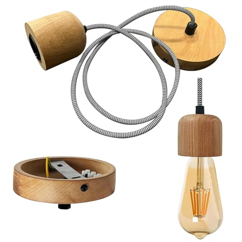 bamyum Erdy Pendelleuchte aus Holz, Textilkabel Hängelampe Metall E27 Moderne Esstisch Lampe, Skandinavisch Pendellampe für Schlafzimmer Wohnzimmer Küche Esstisch, Spezialkabel Küchenlampe Hängend von bamyum