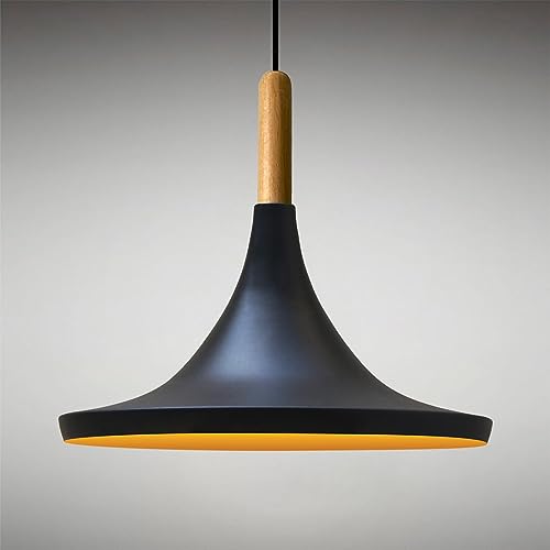 bamyum Genisy Pendelleuchte aus Holz, 31 cm Hängelampe Metall E27 Moderne Esstisch Lampe, Skandinavisch Pendellampe für Schlafzimmer Wohnzimmer Küche Esstisch, Schwarz Küchenlampe Hängend von bamyum