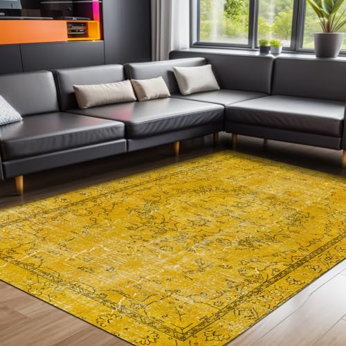 bamyum Giallo Bedruckter Teppich Chenille-Druck Maschinell Hergestellt 160 x 230 cm, Waschbarer Teppich Wohnzimmer, Vintage Teppich Schlafzimmer, Antibakteriell Antirutschunterlage Küchenteppich von bamyum